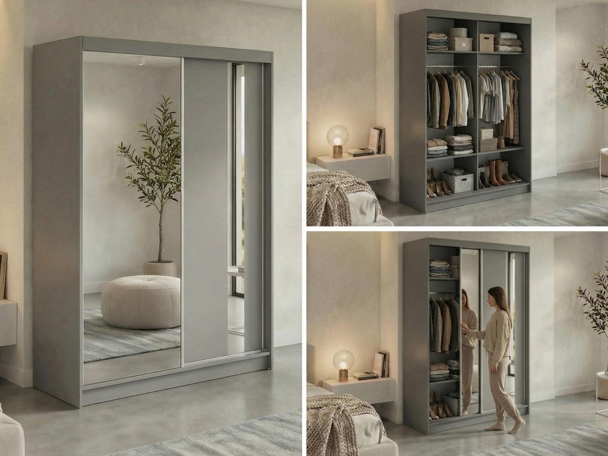 SCHWEBETÜRENSCHRANK 150 - GRECJA - Grau mit Spiegel - Alufarben/Grau, Holzwerkstoff/Metall (150/216/61cm) - MKS