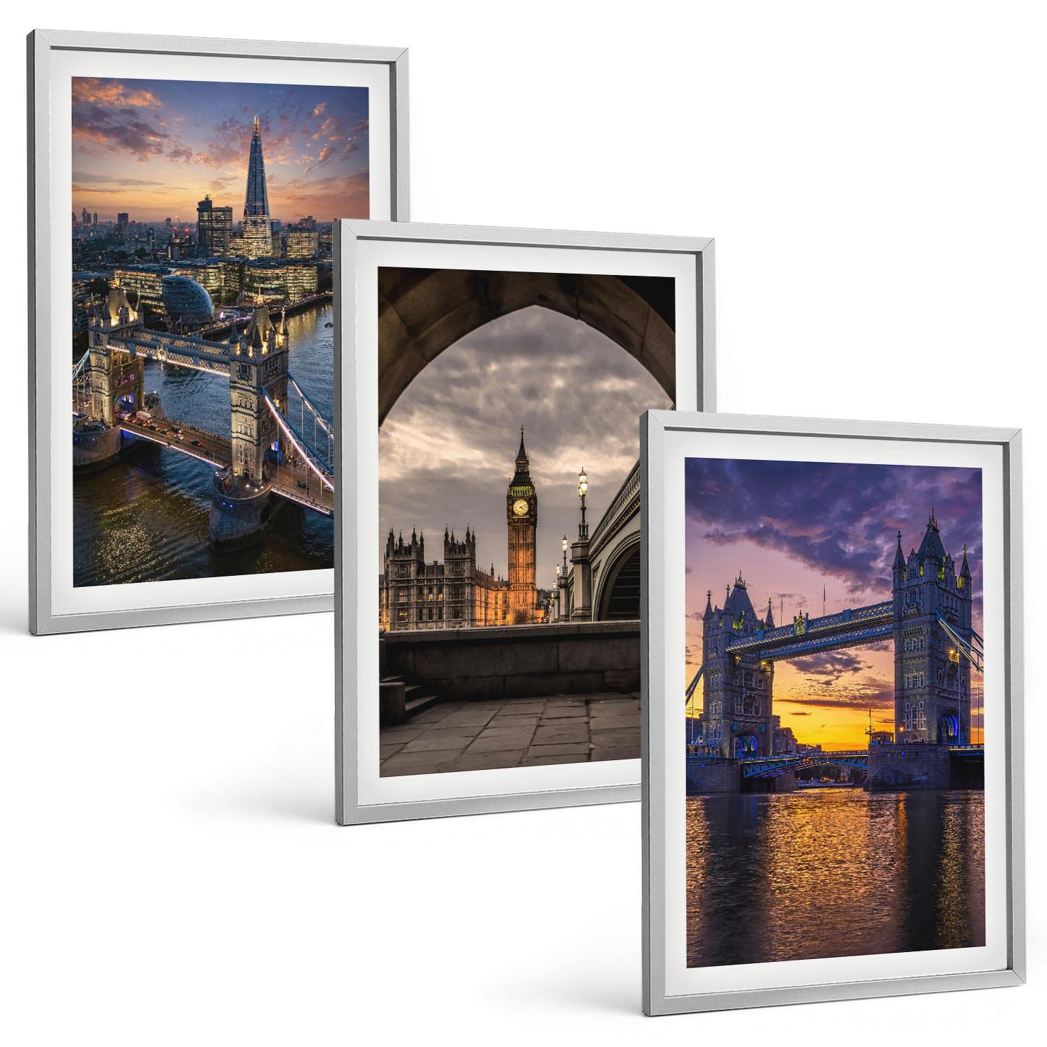 BILDER SET 3er Set - 40x60 cm Silberner Rahmen - Stadtbrücken, Uhrtürme - Silberfarben, Kunststoff (40/60cm) - TULUP