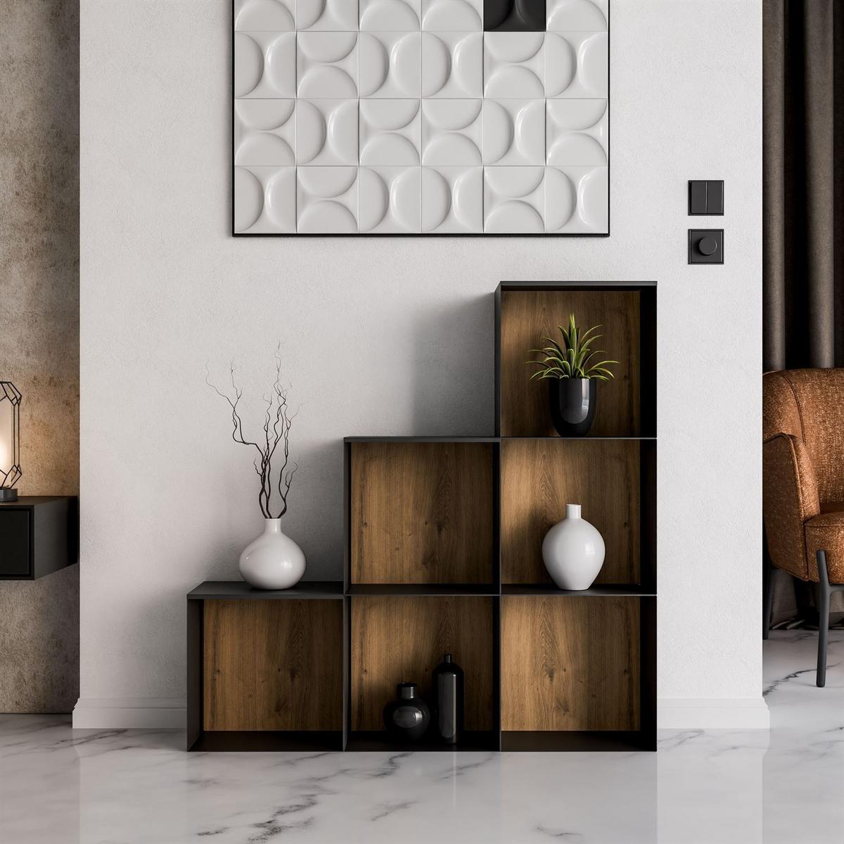 METALLREGAL QUADRO V mit LED-Beleuchtung - Schwarz/Eiche Artisan, Holzwerkstoff (99/99/20cm) - Lookway