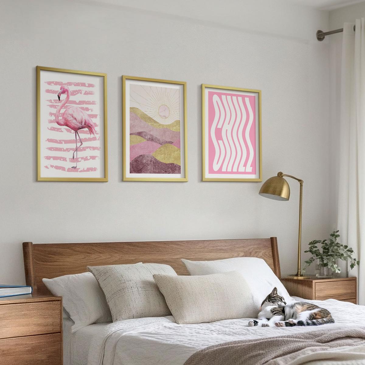 BILDER SET 3er Set - 40x60 cm Goldrahmen - Pastelllandschaft mit rosa Flamingos - Goldfarben, Kunststoff (40/60cm) - TULUP