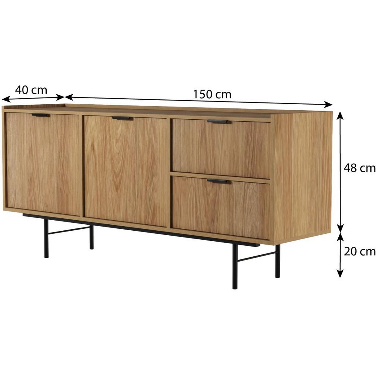 KOMMODE Evron mit 2 Schubalden und 2 Türen, Hikora Eiche - Eichefarben/Schwarz, Holzwerkstoff/Metall (150/68/40cm) - Beautysofa