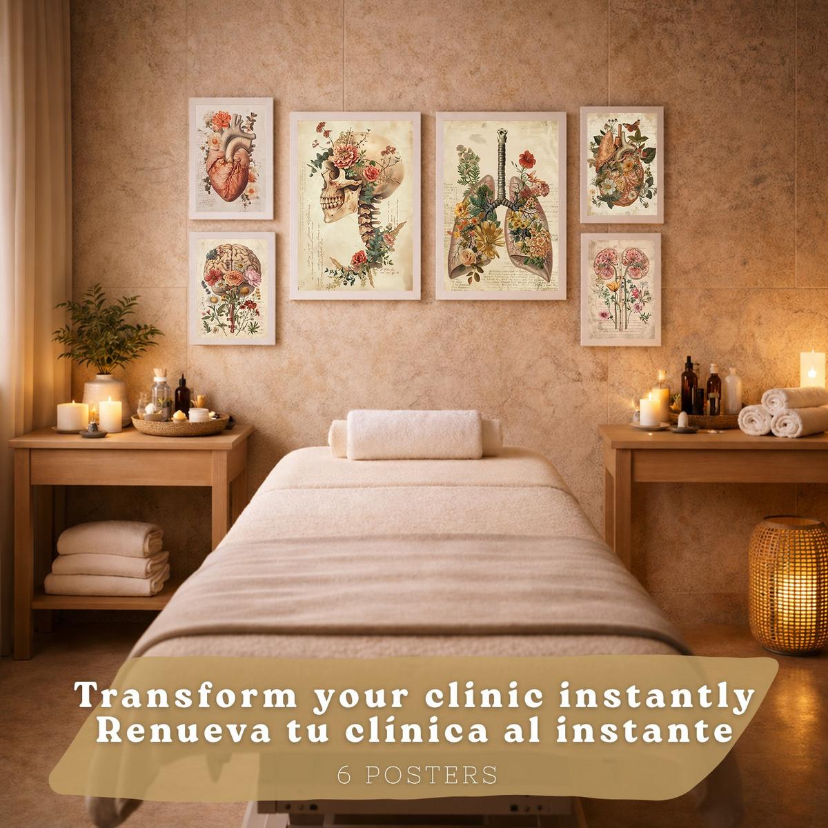 POSTER Set aus 6 Botanische Anatomie Drucke mit Herz Lungen Wirbelsäule Becken und Rippen Beige Terrakotta Erdtöne Florales Weißer Rahmen A3 & A4 - Weiß, Papier (29.7/42/3cm) - Nacnic