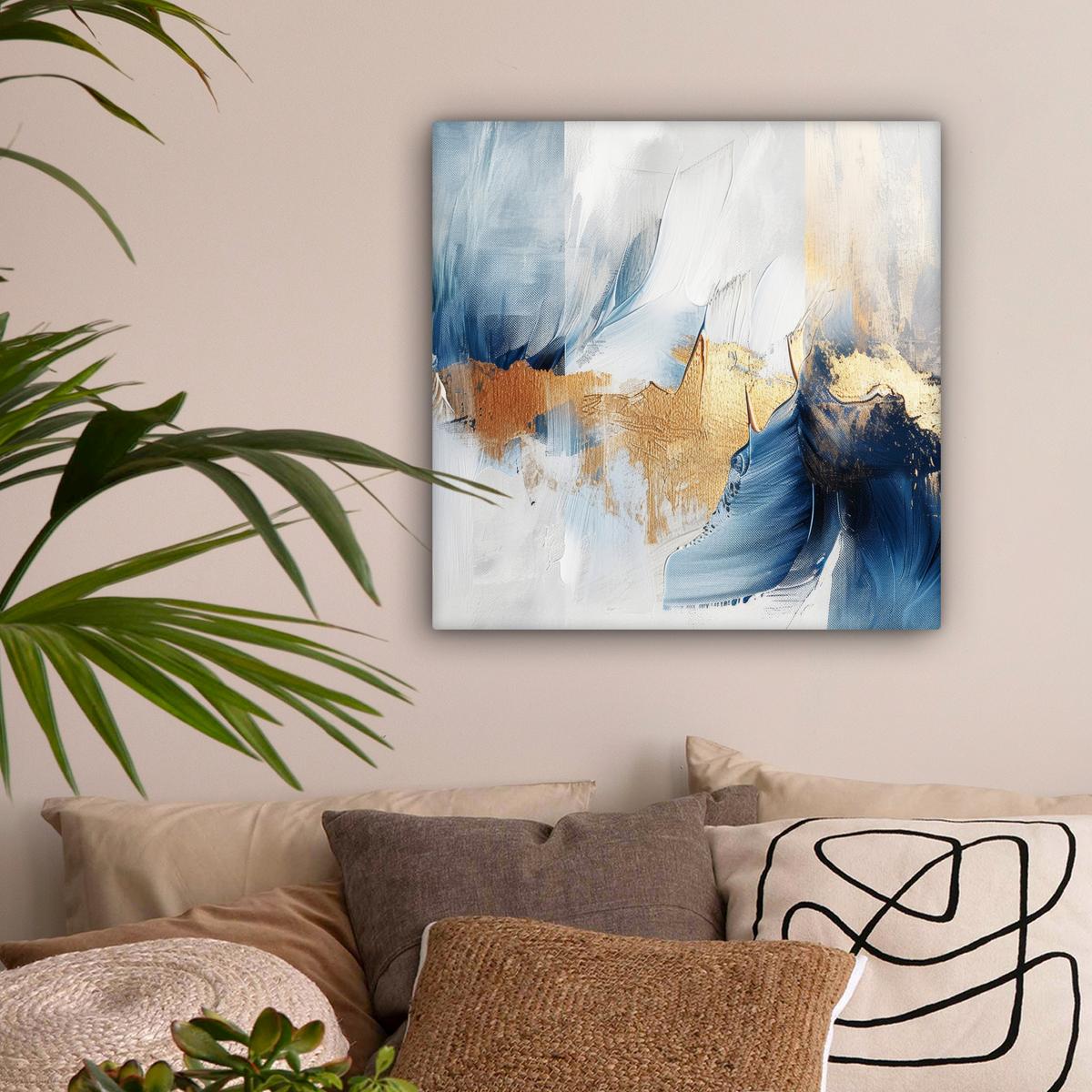 LEINWANDBILD Gold - Blau - Aquarell - Kunst - Modern Wandbild Wohnzimmer 50x50 cm - Hellblau, Textil (50/50cm) - MuchoWow