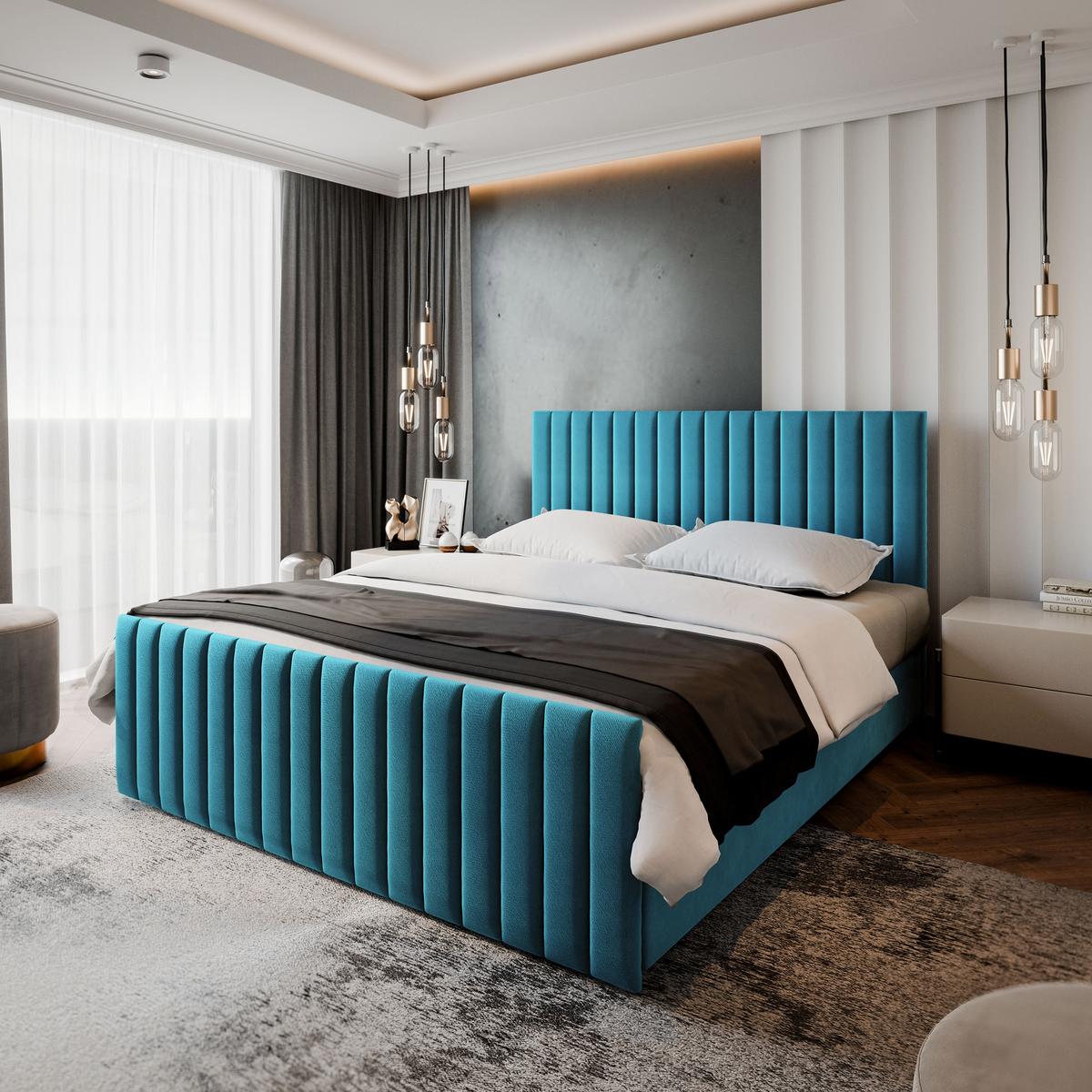 BOXBETT ARION 200x200 cm mit Matratze und Topper, H2+H3 - Blau - Blau, Holz (200/200cm) - MASSENO