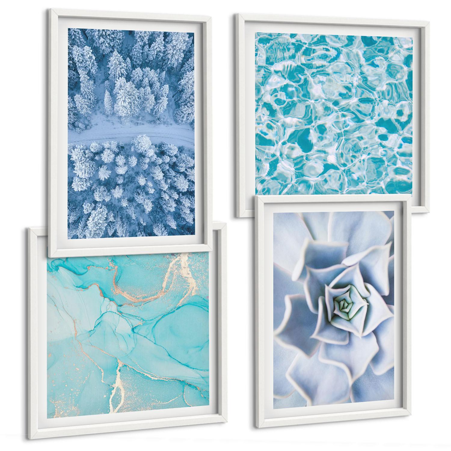 BILDER SET 4er Set - 50x50 cm & 40x60 cm Weißer Rahmen - Winterwald-Blaublume - Weiß, Kunststoff (50/50cm) - TULUP
