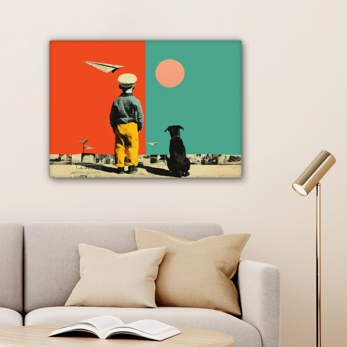 LEINWANDBILD Retro - Junge - Hund - Rot - Grün Wandbilder 80x60 cm - Orange, Textil (80/60cm) - MuchoWow