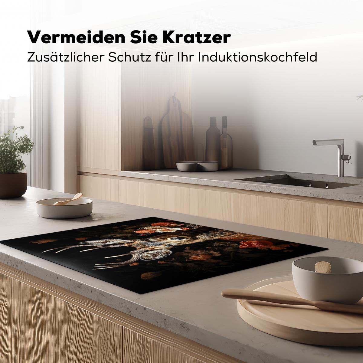 HERDABDECKPLATTE Hirsch - Tier - Blumen - Natur - Botanisch Induktionsmatte 77x59 cm - Kupferfarben, Kunststoff (77/59/0.2cm) - MuchoWow