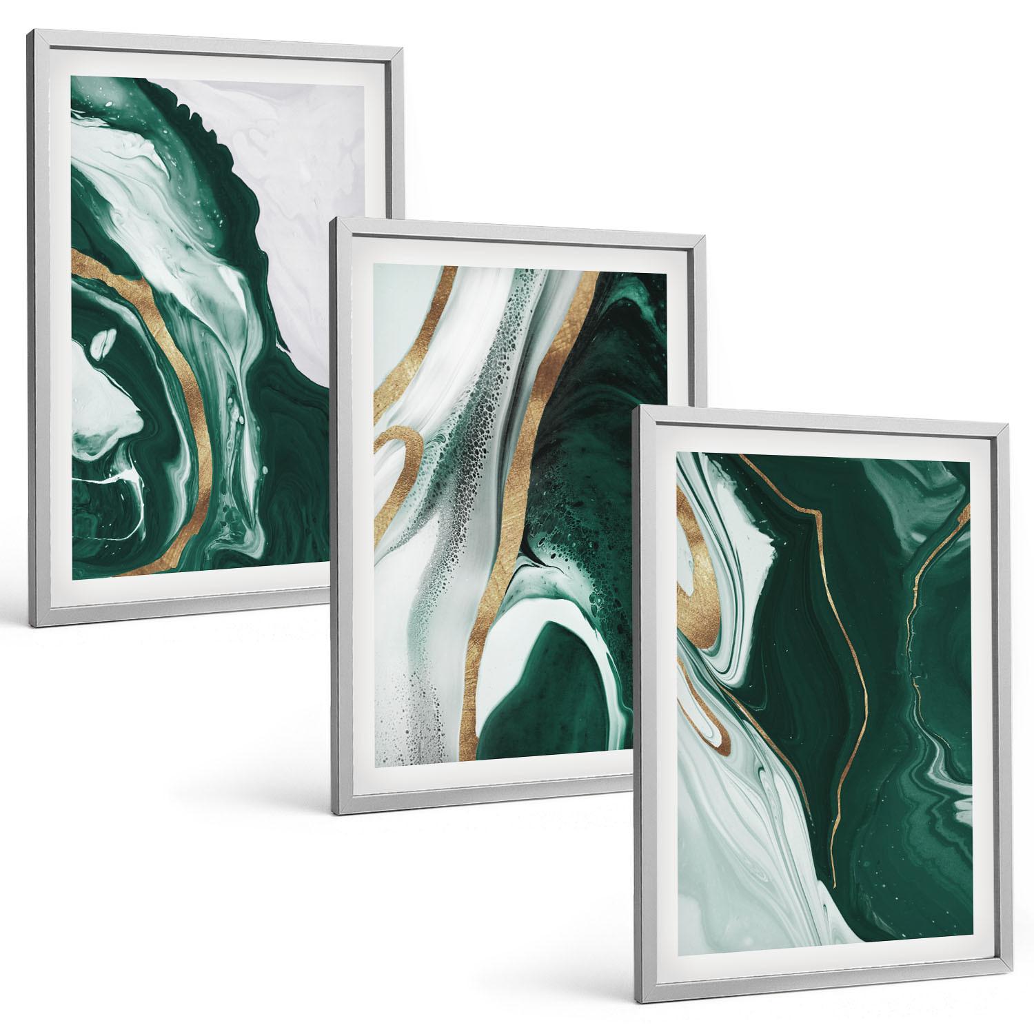 BILDER SET 3er Set - 40x60 cm Silberner Rahmen - Abstrakte grüne Farbmuster - Silberfarben, Kunststoff (40/60cm) - TULUP