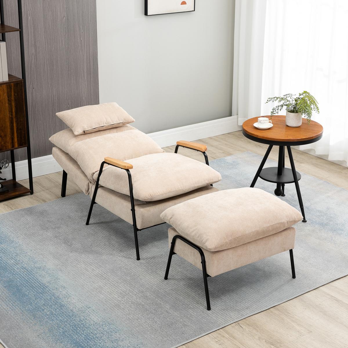 RELAXSESSEL mit Hocker Sessel mit Verstellbar Rückenlehne, Kissen für Wohnzimmer - Beige, Kunststoff (68/88/91.5cm) - HOMCOM