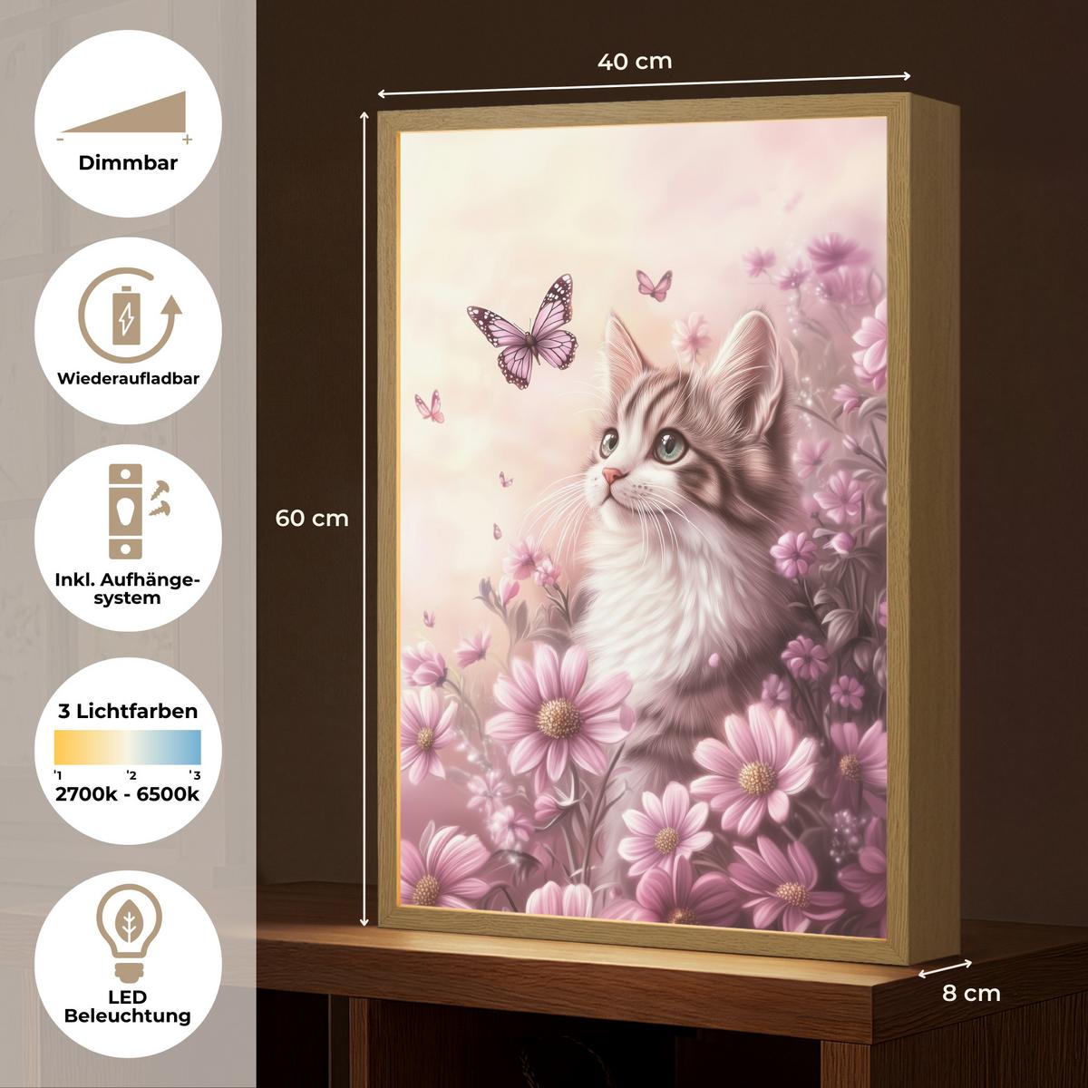 WANDLEUCHTE MIT AKKU Kätzchen - Blumen - Schmetterlinge - Lila 40x60 cm - Altrosa, Holzwerkstoff (40/60/8cm) - OnlyWow