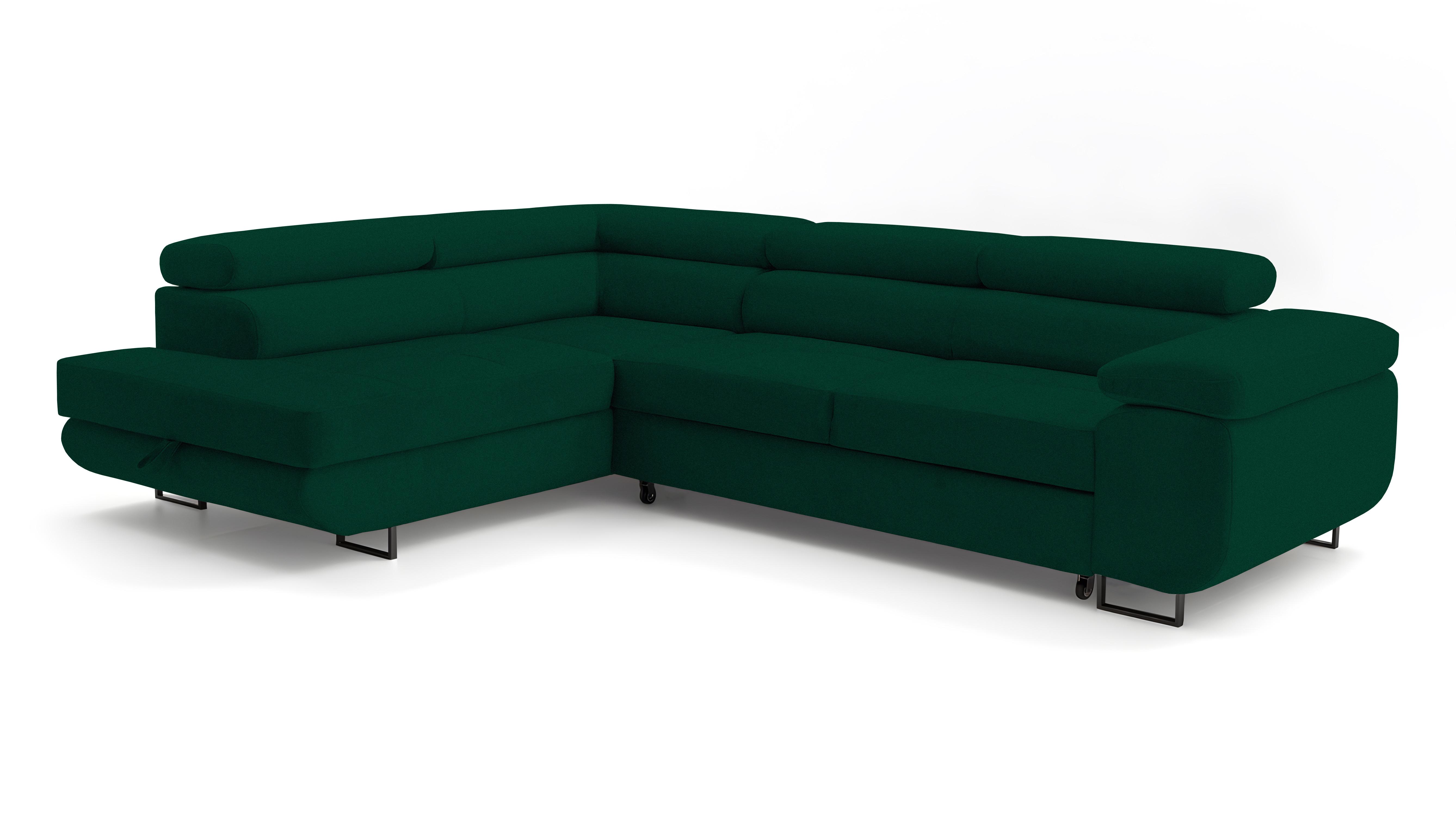 ECKSOFA Velmo mit Bettkasten und Schlaffunktion, verstellbaren Kopfstützen, in L-Form - Dunkelgrün, Textil (275/203cm)