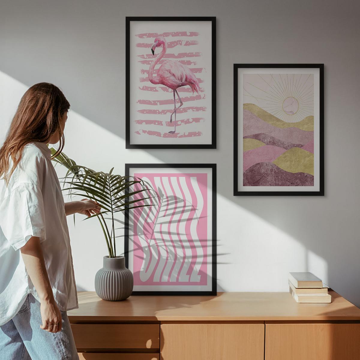 BILDER SET 3er Set - 40x60 cm Schwarzer Rahmen - Pastelllandschaft mit rosa Flamingos - Schwarz, Kunststoff (40/60cm) - TULUP