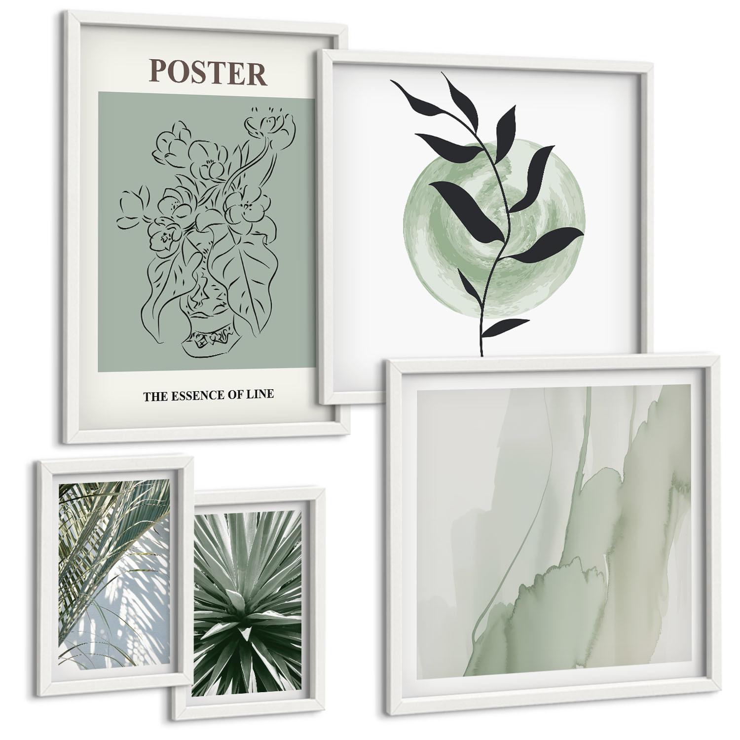BILDER SET 5er Set - 50x50 cm & 20x30 cm & 40x60 cm Weißer Rahmen - Grün-beige Pflanzenmuster - Weiß, Kunststoff (40/60cm) - TULUP