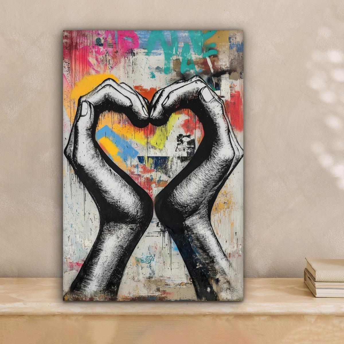LEINWANDBILD Hände - Herz - Straßenkunst - Graffiti Deko Wohnzimmer 20x30 cm - Multicolor, Textil (20/30cm) - MuchoWow