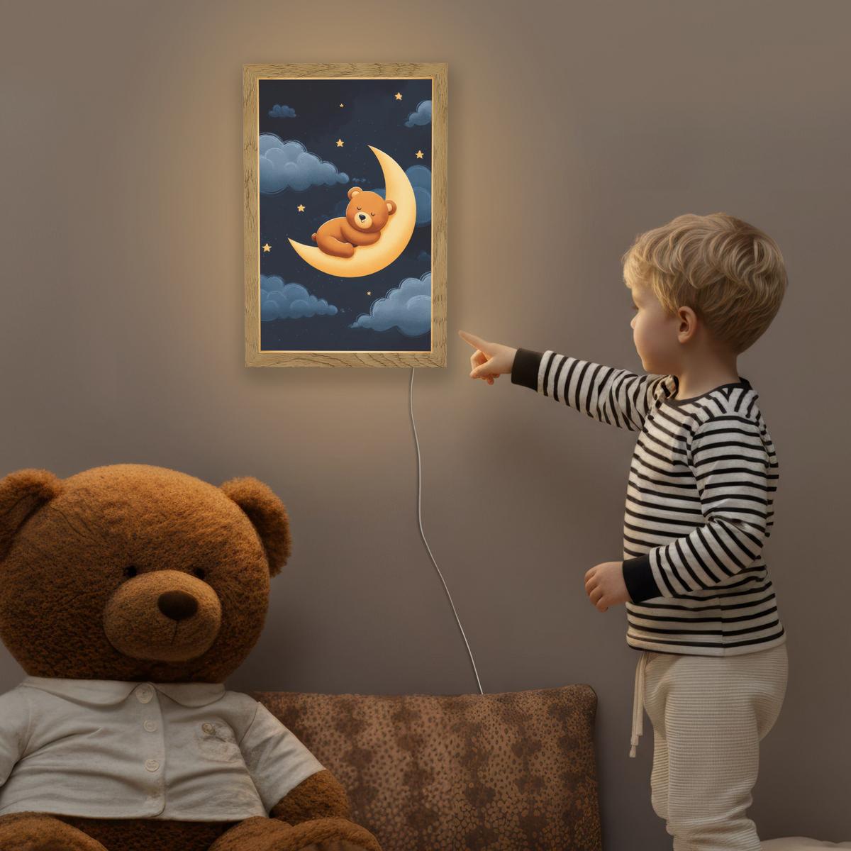 NACHTTISCHLAMPE Teddybär - Mond - Wolken - Sterne 20x30 cm - Dunkelblau, Holzwerkstoff (8/20/30cm) - OnlyWow