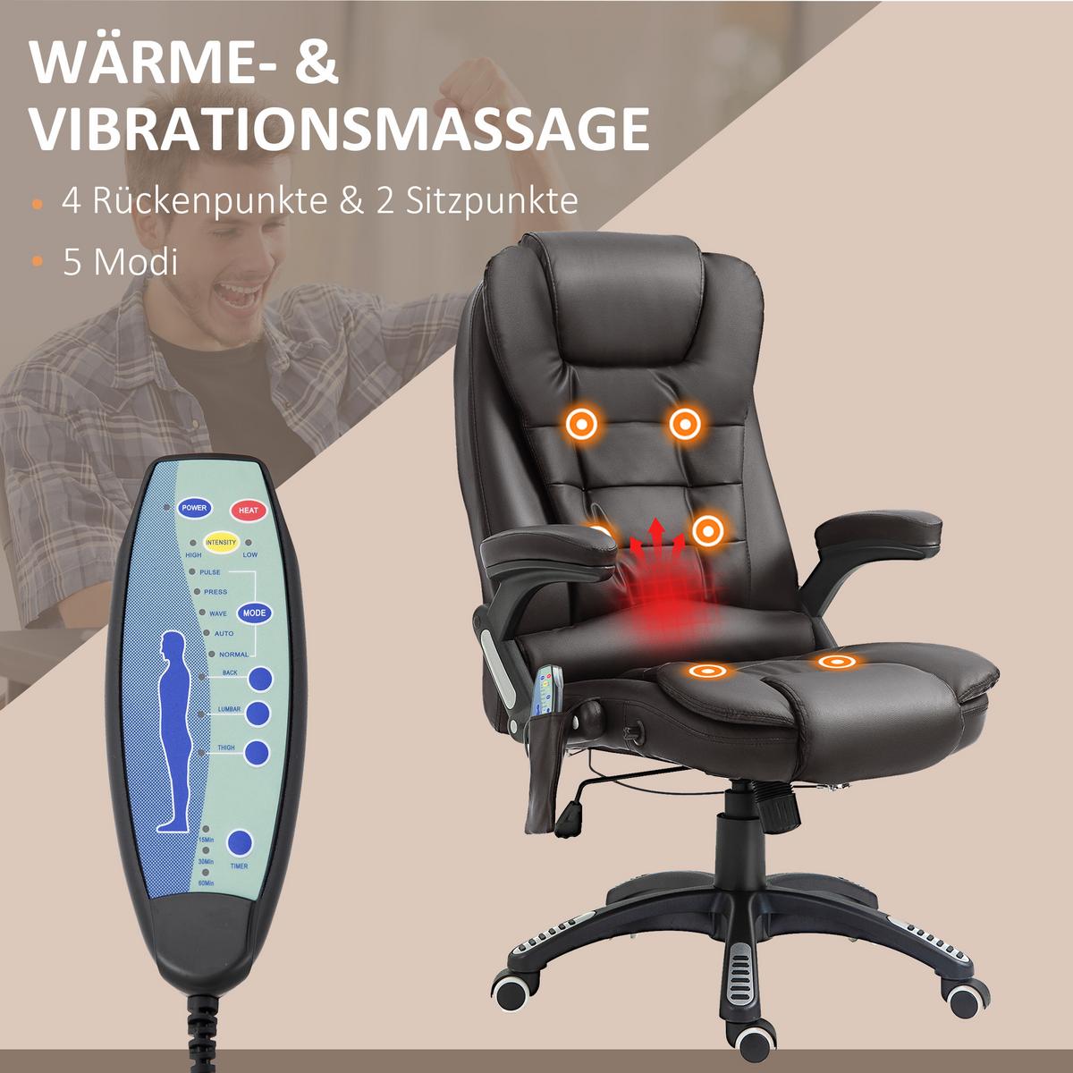 MASSAGESESSEL Bürostuhl Drehstuhl mit Wärmefunktion Chefsessel Bürosessel - Schwarz/Braun, Kunststoff (68/121/62cm) - HOMCOM