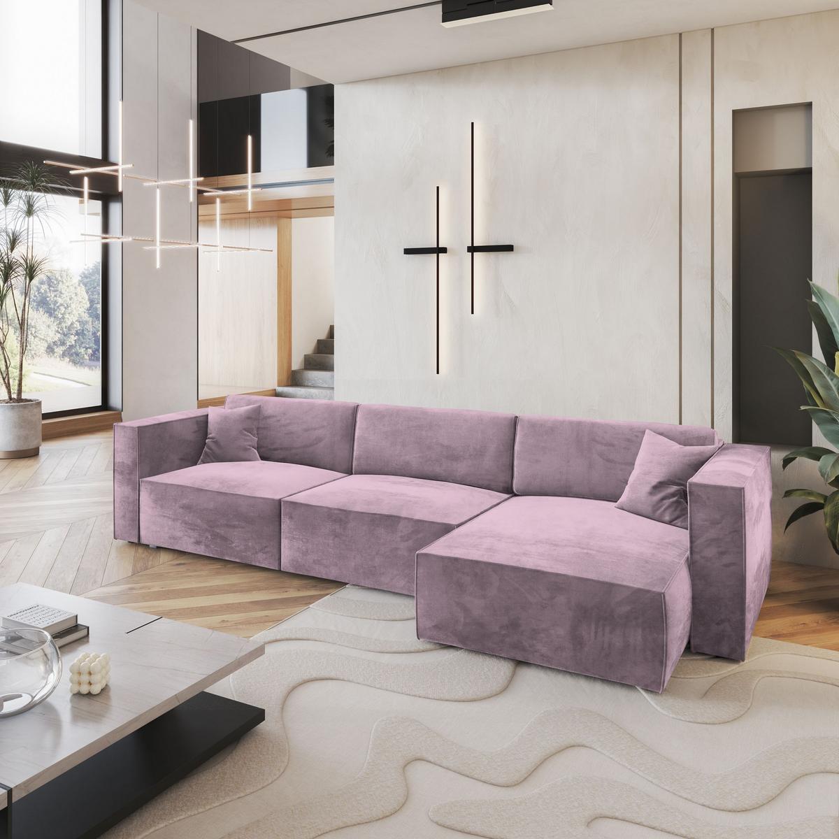ECKSOFA TOLMO M Lila Velours-Stoff mit Schlaffunktion - Lila/Grau, Holz/Kunststoff (347/148cm) - MASSENO