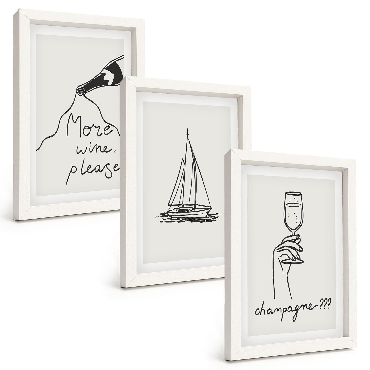 BILDER SET 3er Set - 20x30 cm Weißer Rahmen - Weinsegelboot-Glas-Linienzeichnung - Weiß, Kunststoff (20/30cm) - TULUP