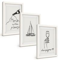 BILDER SET 3er Set - 20x30 cm Weißer Rahmen - Weinsegelboot-Glas-Linienzeichnung - Weiß, Kunststoff (20/30cm) - TULUP