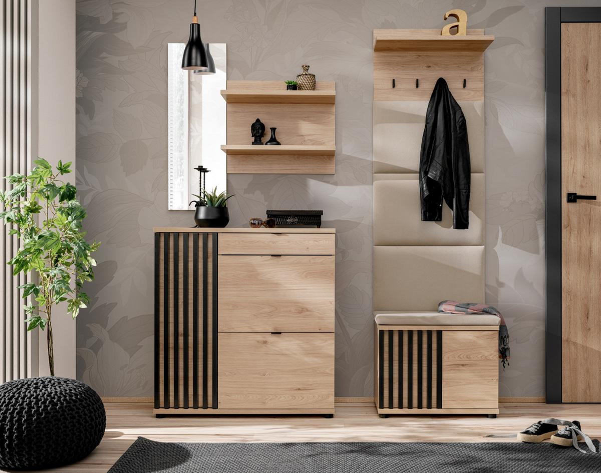 GARDEROBE Set 4-teilig Eiche Jackson, schwarz 250 cm, Garderobenkombination mit 3D-Lamellen - Eichefarben/Schwarz, Holzwerkstoff/Kunststoff (160/202/35cm) - Furn.Design