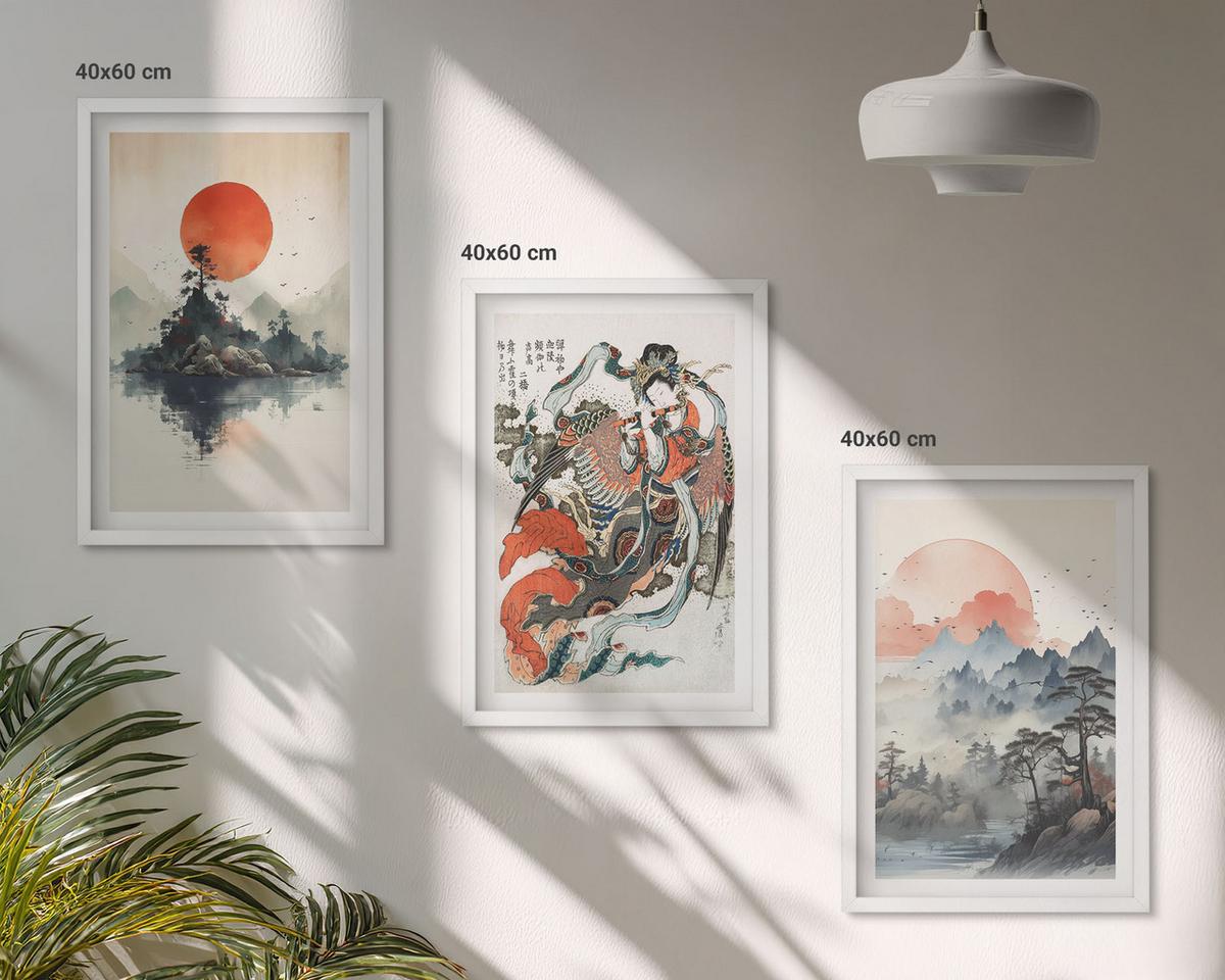 BILDER SET 3er Set - 40x60 cm Weißer Rahmen - Asiatische Japandi-Malereien - Weiß, Kunststoff (40/60cm) - TULUP