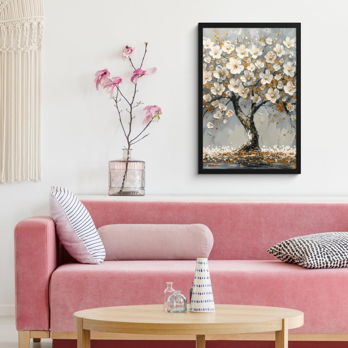 POSTER MIT RAHMEN Baum - Blumen - Weiß - Natur - Kunst Bilder mit Rahmen 40x60 cm - Weiß, Papier (40/60cm) - MuchoWow