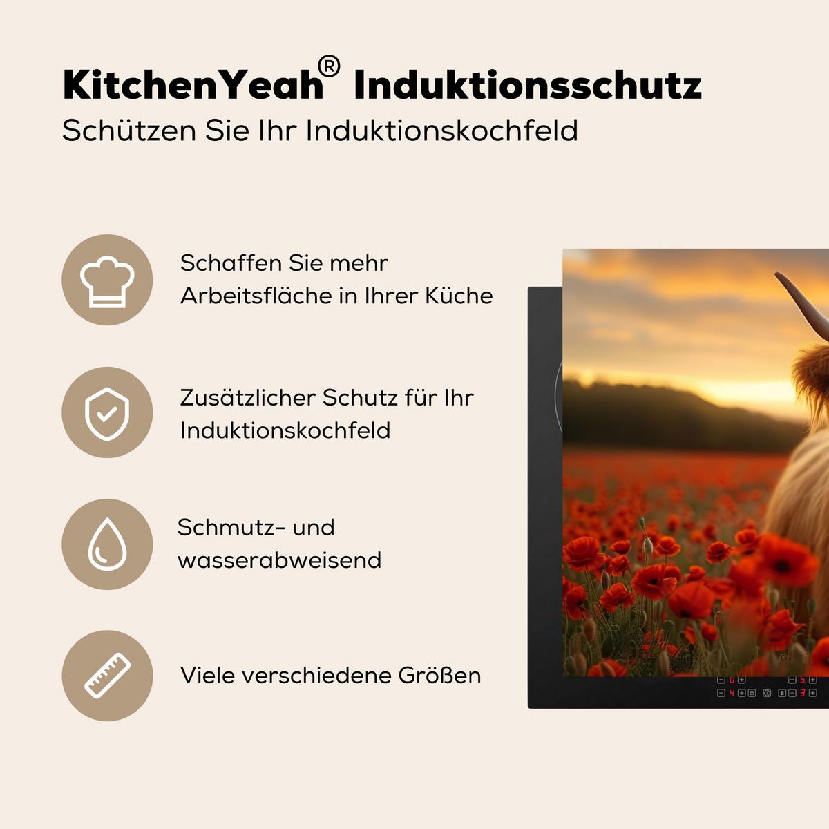 HERDABDECKPLATTE Schottische Highlander - Rosen - Blumenfeld - Sonnenuntergang Ceranfeldabdeckung 85x52 cm - Rotbraun, Kunststoff (85/52/0.2cm) - MuchoWow