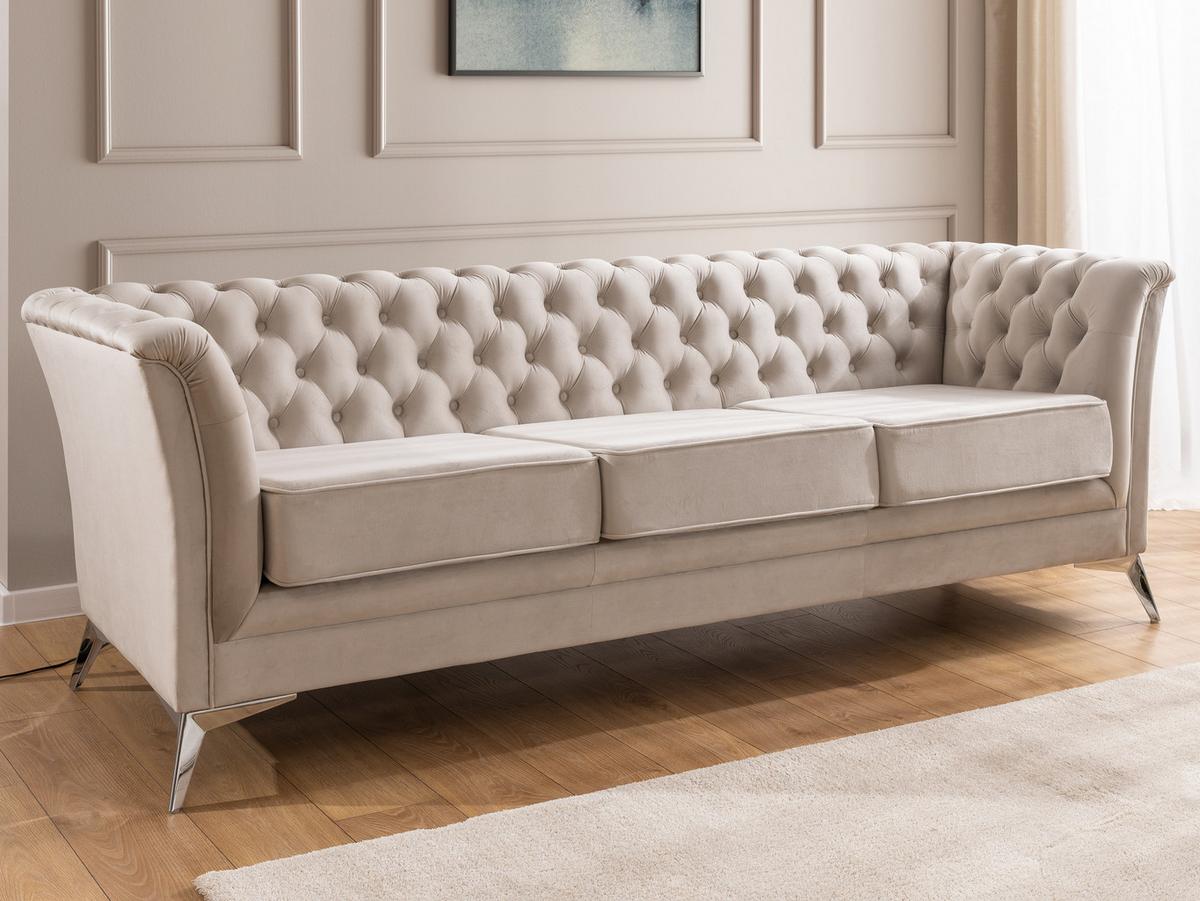 CHESTERFIELD-SOFA 3-sitzer Whitby Beige Samt mit silbernen Füßen - Beige/Silberfarben, Holz/Textil (237/78/82cm) - S-Style Möbel