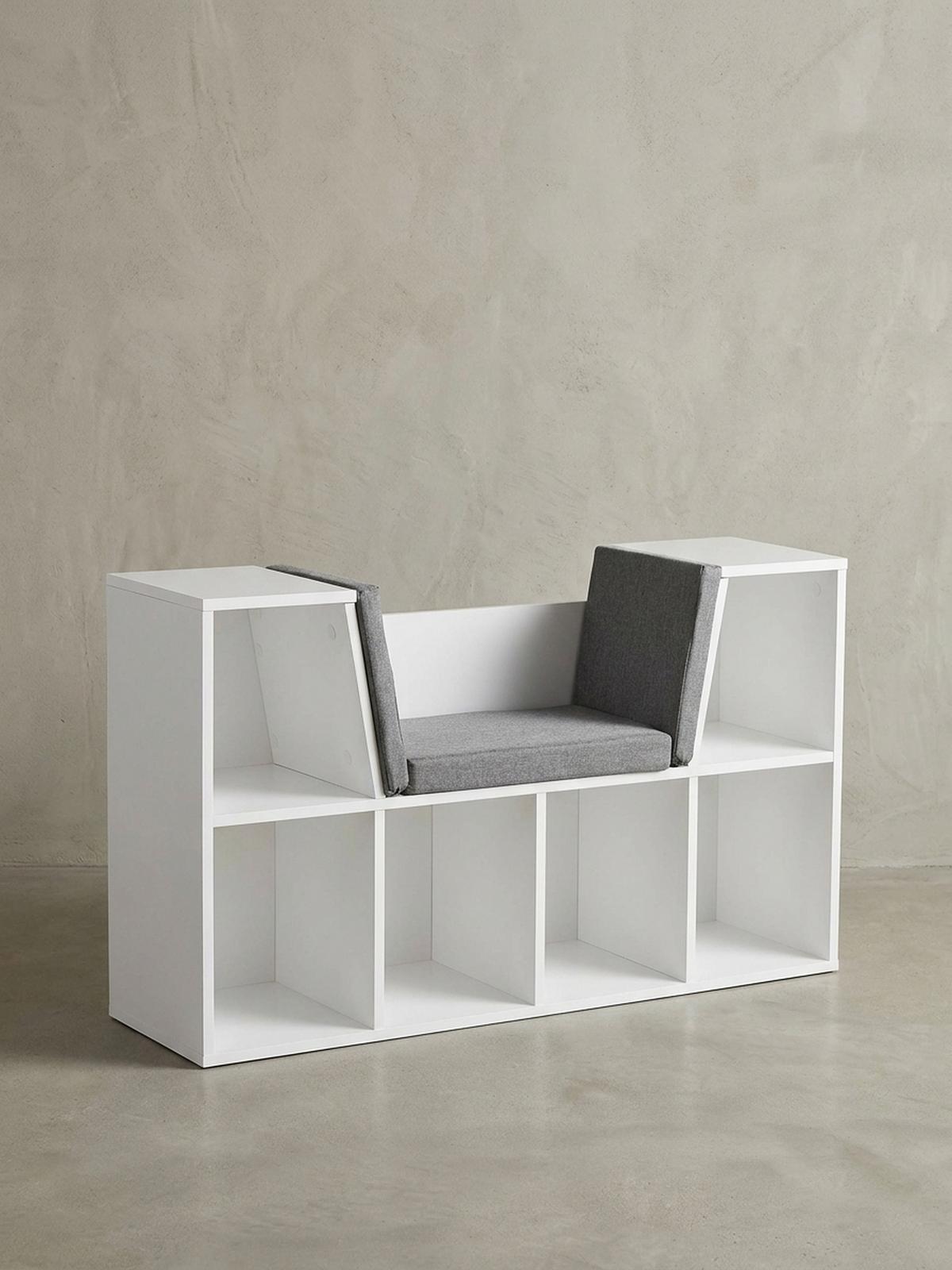 SCHUHBANK – Weiß matt, 101,5x61,5x30 cm, Sitzfläche Grau, 6 Fächer - Weiß/Grau, Holz/Textil (102/62/30cm) - KADIMA DESIGN