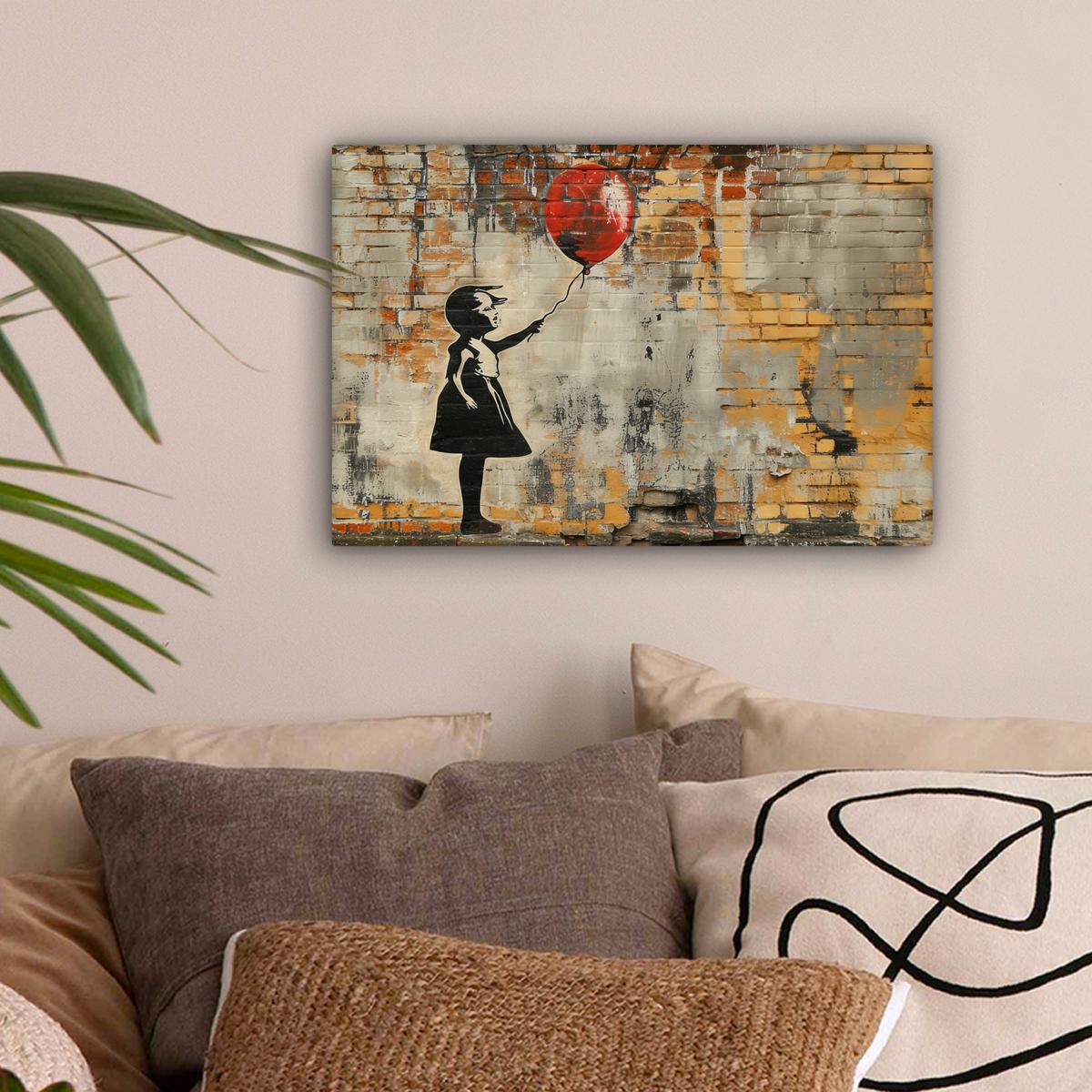 LEINWANDBILD Graffiti - Banksy - Mädchen - Straßenkunst Deko Schlafzimmer 30x20 cm - Sandfarben, Textil (30/20cm) - MuchoWow