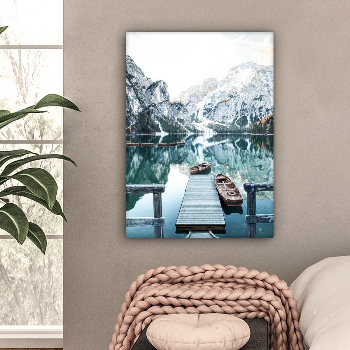 LEINWANDBILD Natur - Berge - Schnee - Wald - Boot Wandbild Wohnzimmer 60x80 cm - Hellgrün, Textil (60/80cm) - MuchoWow