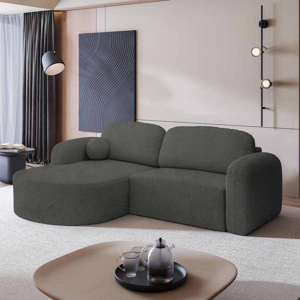 ECKSOFA AMILIA L-S Grau Boucle-Stoff mit Schlaffunktion - Grau, Holz (263/174cm) - MASSENO