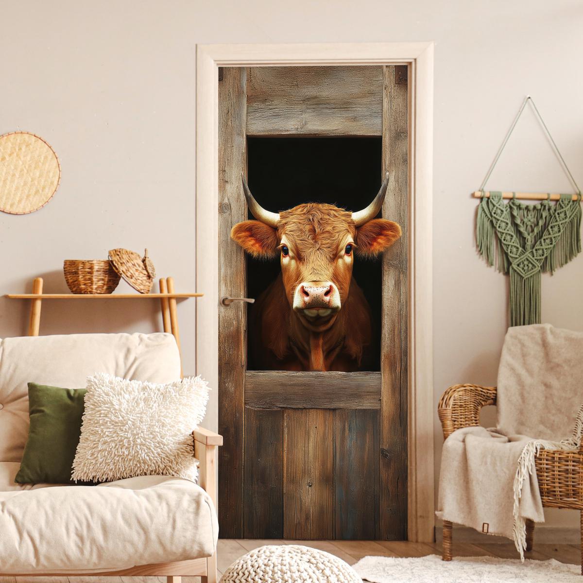 TÜRAUFKLEBER Kuh - Fenster - Holz - Tiere 90x215 cm - Türtapete - Wengefarben, Kunststoff (90/0.1cm) - MuchoWow
