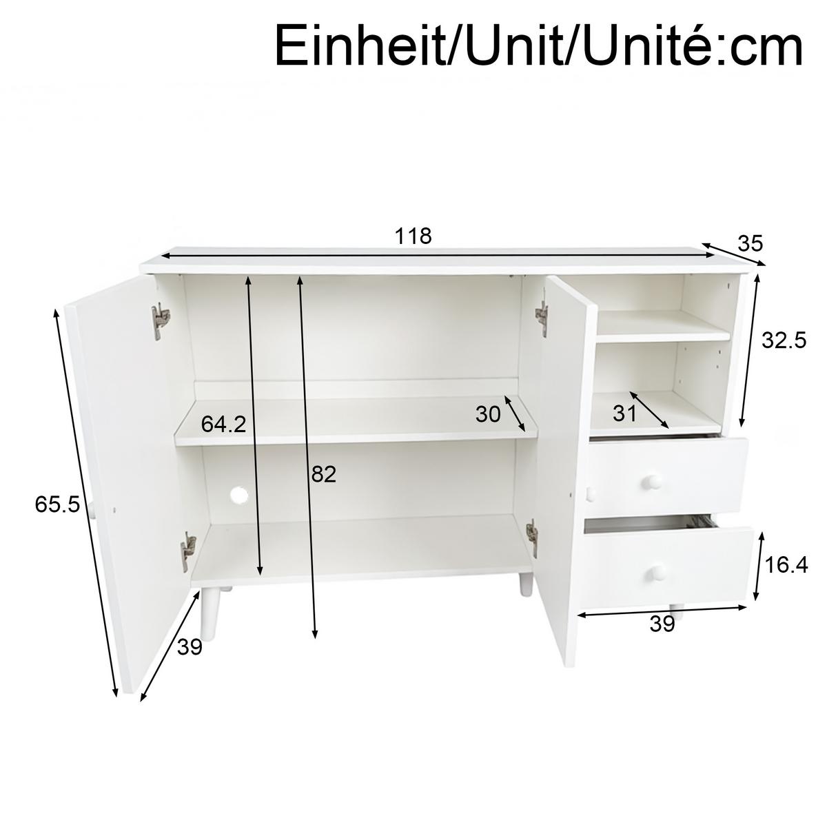 SIDEBOARD 118cm mit gewölbten Türen, 2 Schubladen, für Wohnzimmer - Weiß, Holzwerkstoff (118/82/35cm) - Urban Meuble