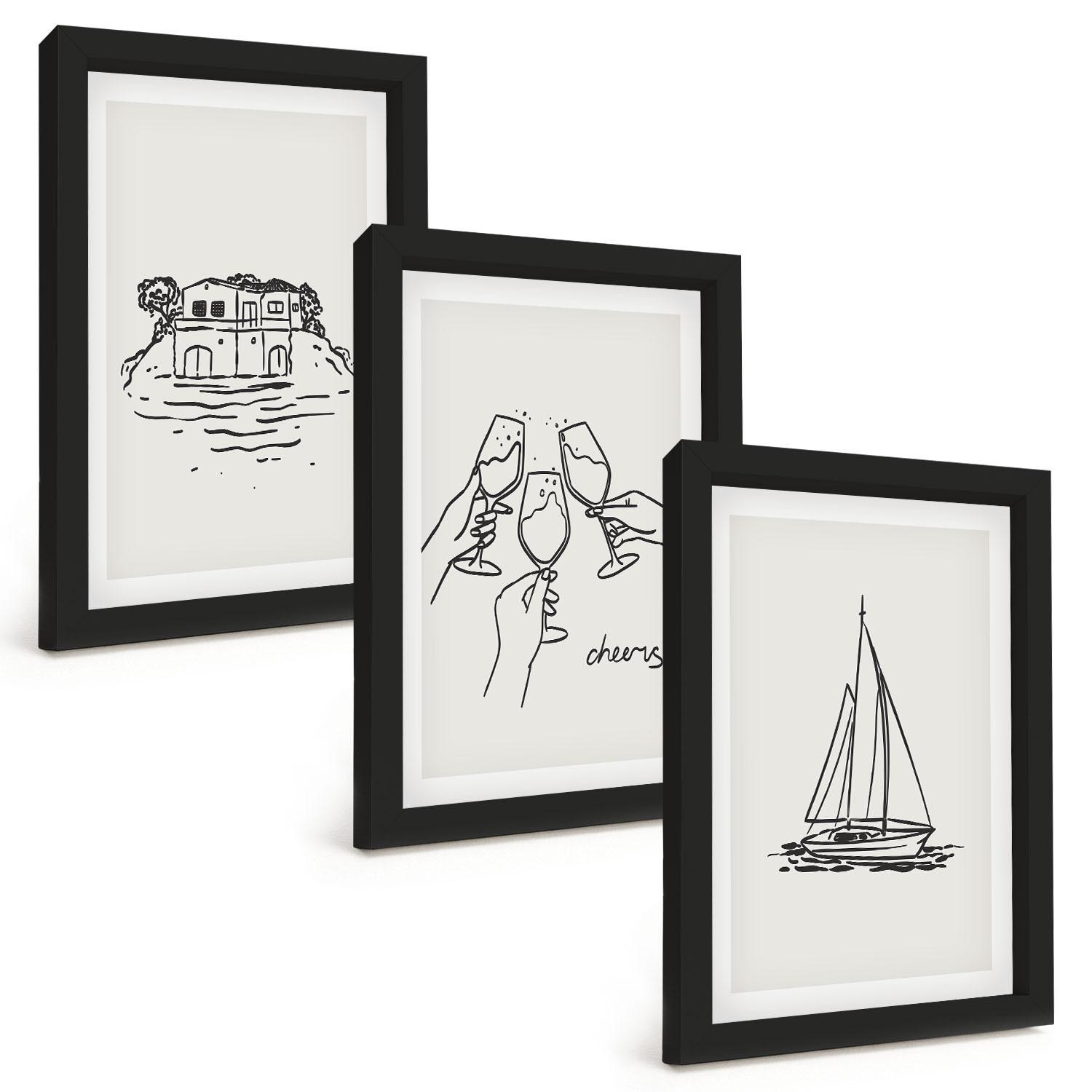 BILDER SET 3er Set - 20x30 cm Schwarzer Rahmen - Haus am Wasser, Segelboot-Toast - Schwarz, Kunststoff (20/30cm) - TULUP