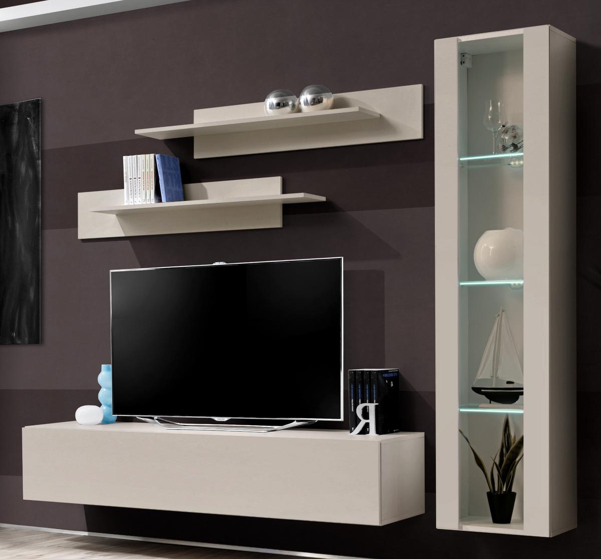 WOHNWAND Kaschmir 210 cm 4-teilig hängend, Anbauwand mit LED-Beleuchtung - Kaschmir, Glas/Holzwerkstoff (210/170/40cm) - Inn.Furn