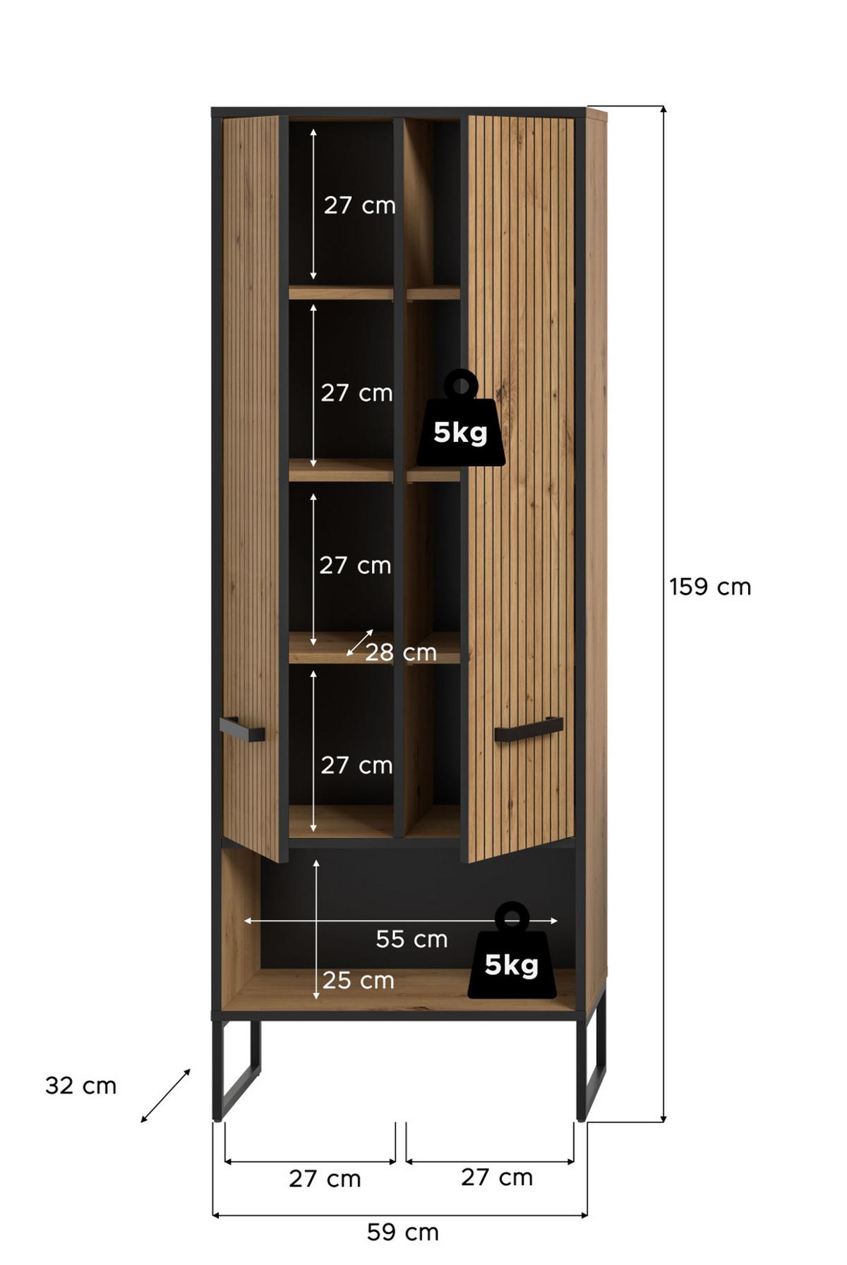 HOCHSCHRANK Eiche Artisan, schwarz 60 x 160 cm, Badezimmer Schrank mit Soft-Close - Schwarz/Eiche Artisan, Holzwerkstoff/Kunststoff (59/159/32cm) - Inn.Furn