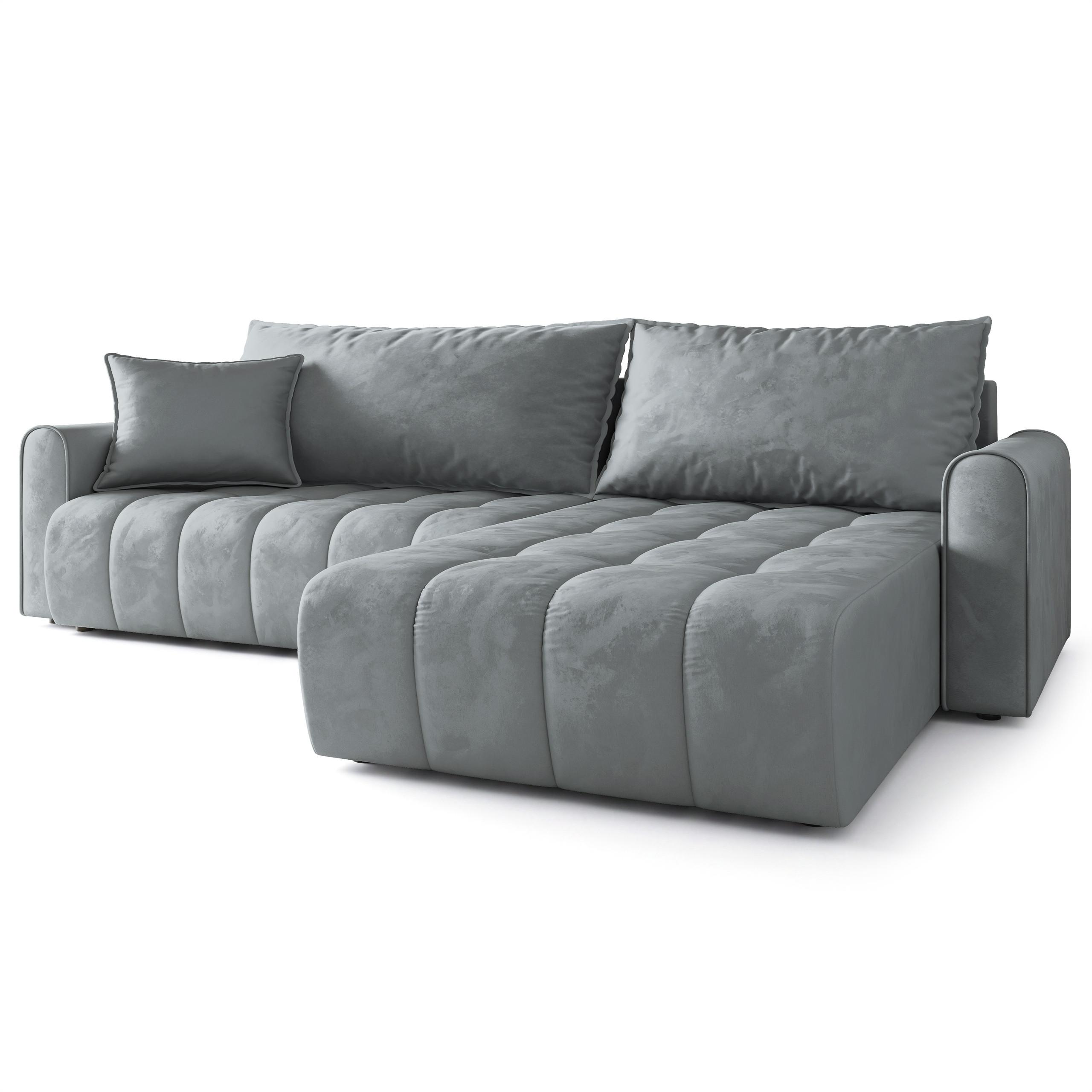 ECKSOFA FRIGA Grau Velours-Stoff mit Schlaffunktion - Grau, Holz (283/185cm) - MASSENO