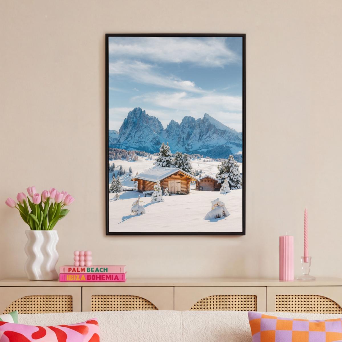 LEINWAND Bilder mit Rahmen - Winter - Hütte - Berge - Aussicht - Schnee - 60x90 - Eichefarben, Textil (60/90cm) - MuchoWow