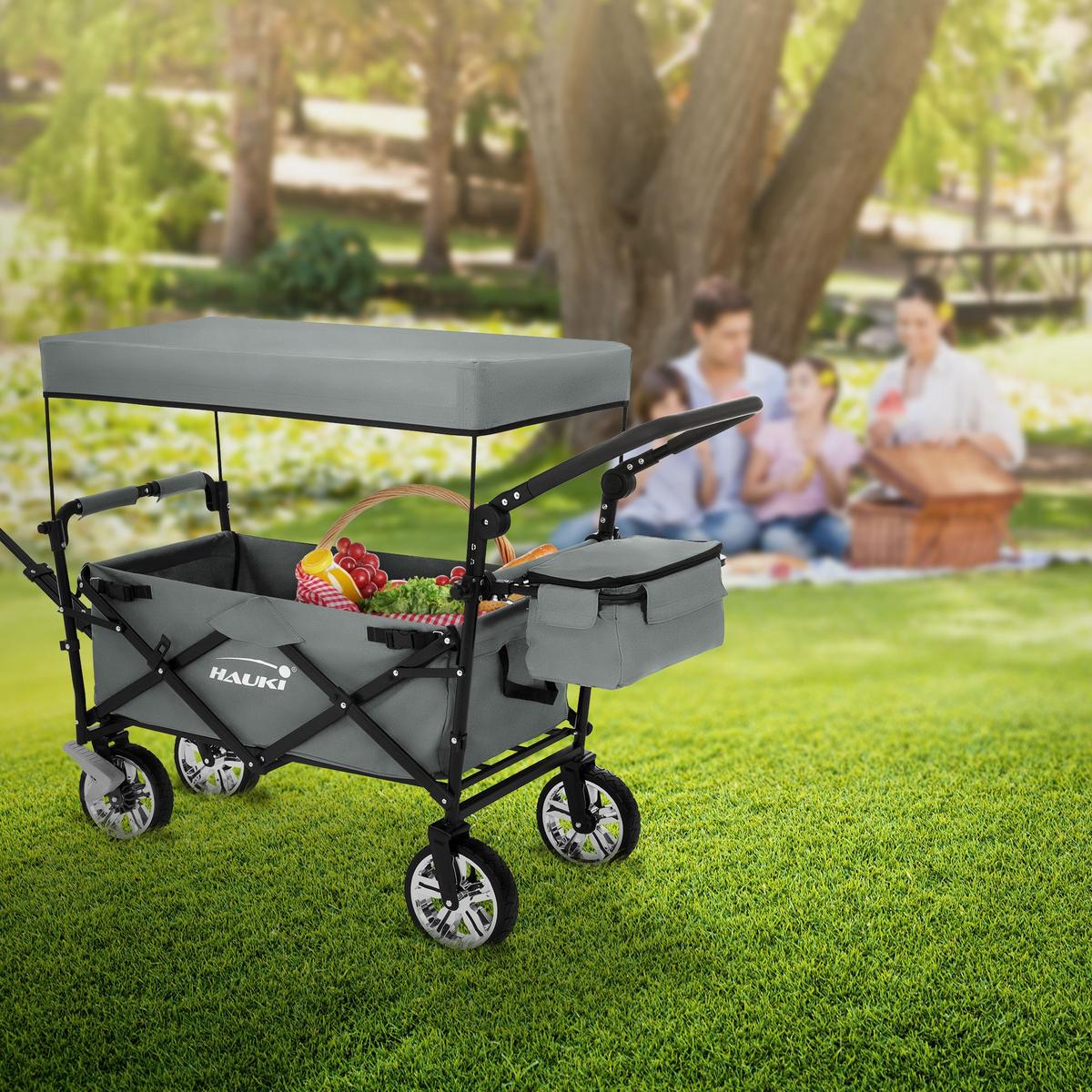 BOLLERWAGEN faltbar mit Dach XXL Grau Handwagen für Kinder Strand Picknick - Schwarz/Grau, Metall (56/99/196cm) - Hauki