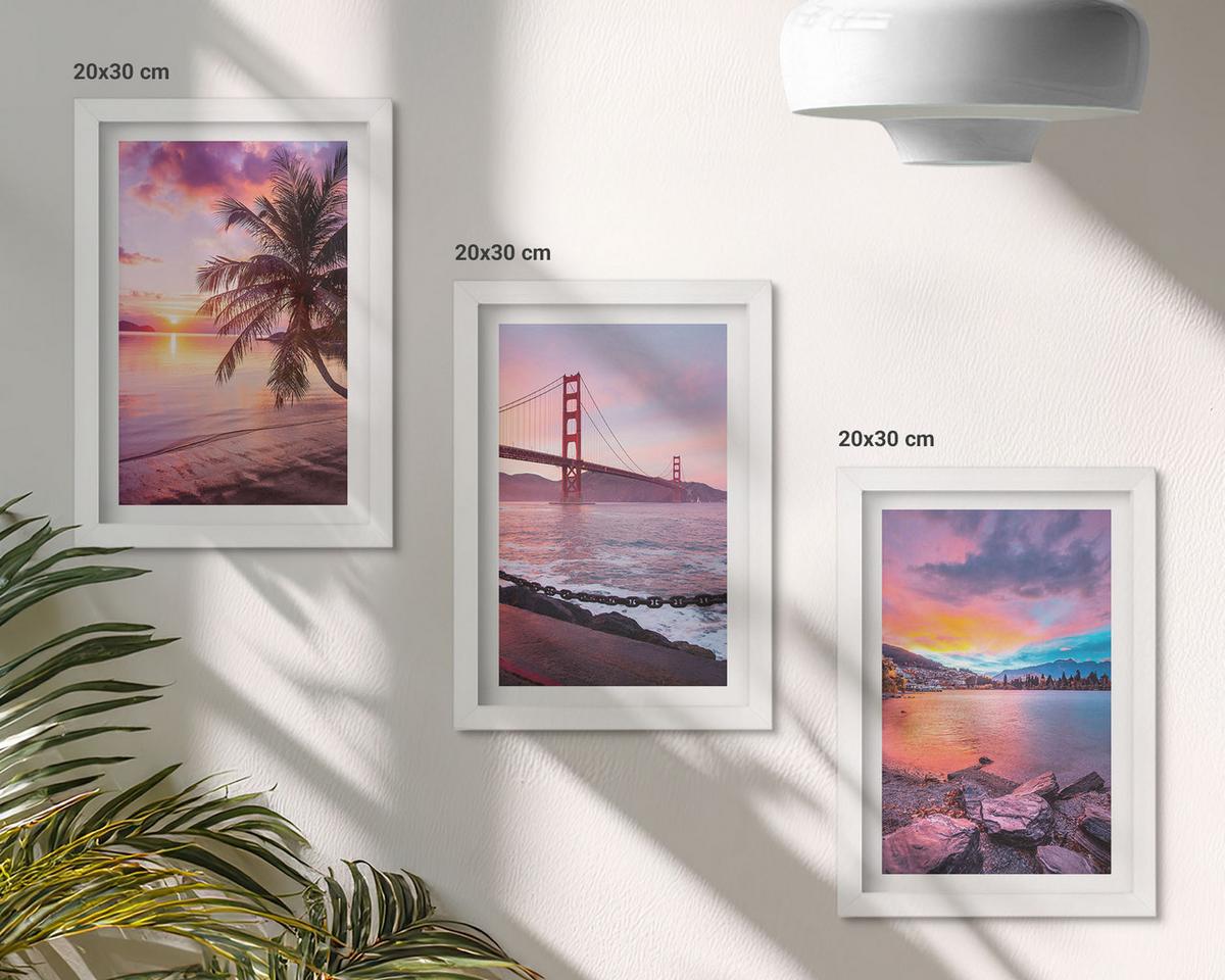 BILDER SET 3er Set - 20x30 cm Weißer Rahmen - Sonnenuntergangsbrücke Landschaft - Weiß, Kunststoff (20/30cm) - TULUP