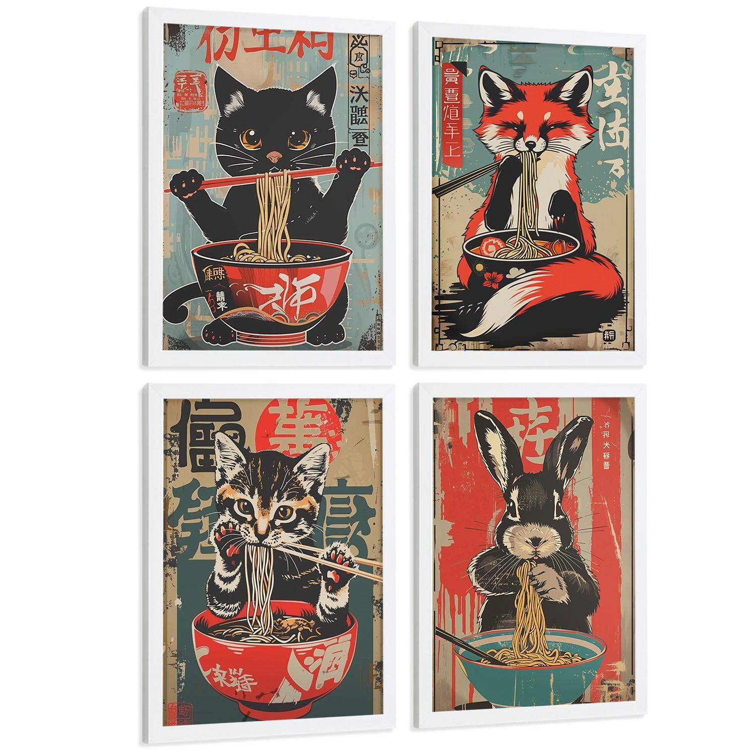 POSTER 4er Set Japanische Ramen Tier-Wandbilder Katze Fuchs und Hase Nudeln Vintage Küche Deko Weißer Rahmen A4 - Weiß, Papier (29.7/1/21cm) - Nacnic