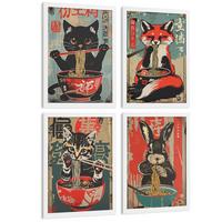 POSTER 4er Set Japanische Ramen Tier-Wandbilder Katze Fuchs und Hase Nudeln Vintage Küche Deko Weißer Rahmen A4 - Weiß, Papier (29.7/1/21cm) - Nacnic