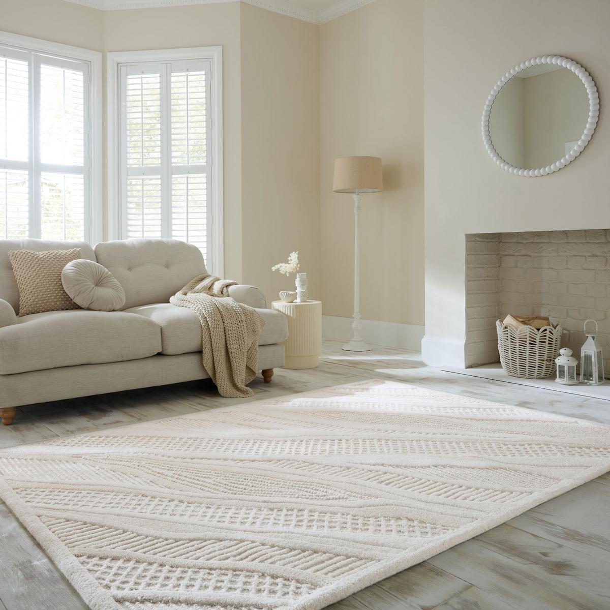 WOLLTEPPICH CARVE, abstrakt, aus Wolle, Weiß, 140 x 200 cm - Beige, Textil (140/200cm) - KADIMA DESIGN