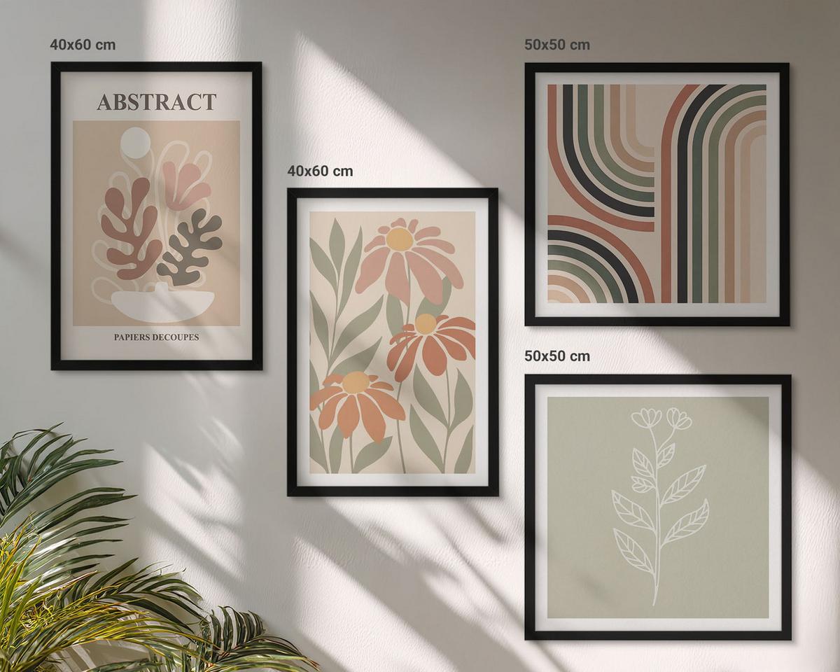 BILDER SET 4er Set - 50x50 cm & 40x60 cm Schwarzer Rahmen - Abstrakte Pastellpflanzen - Schwarz, Kunststoff (50/50cm) - TULUP