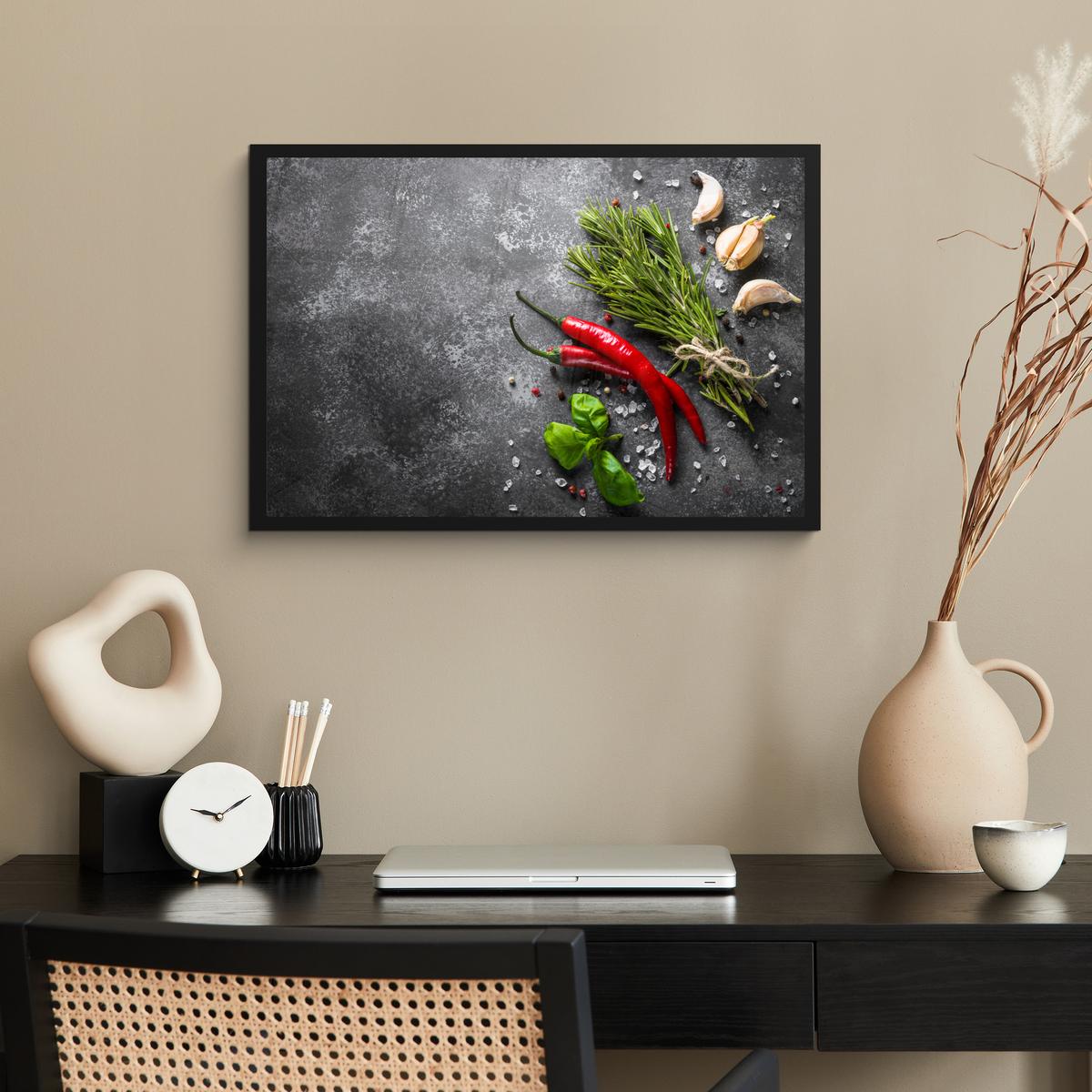 POSTER MIT RAHMENGERAHMTES BILD Pfeffer - Kräuter - Gewürze - Beton 60x40 cm - Dunkelgrau, Papier (60/40cm) - MuchoWow