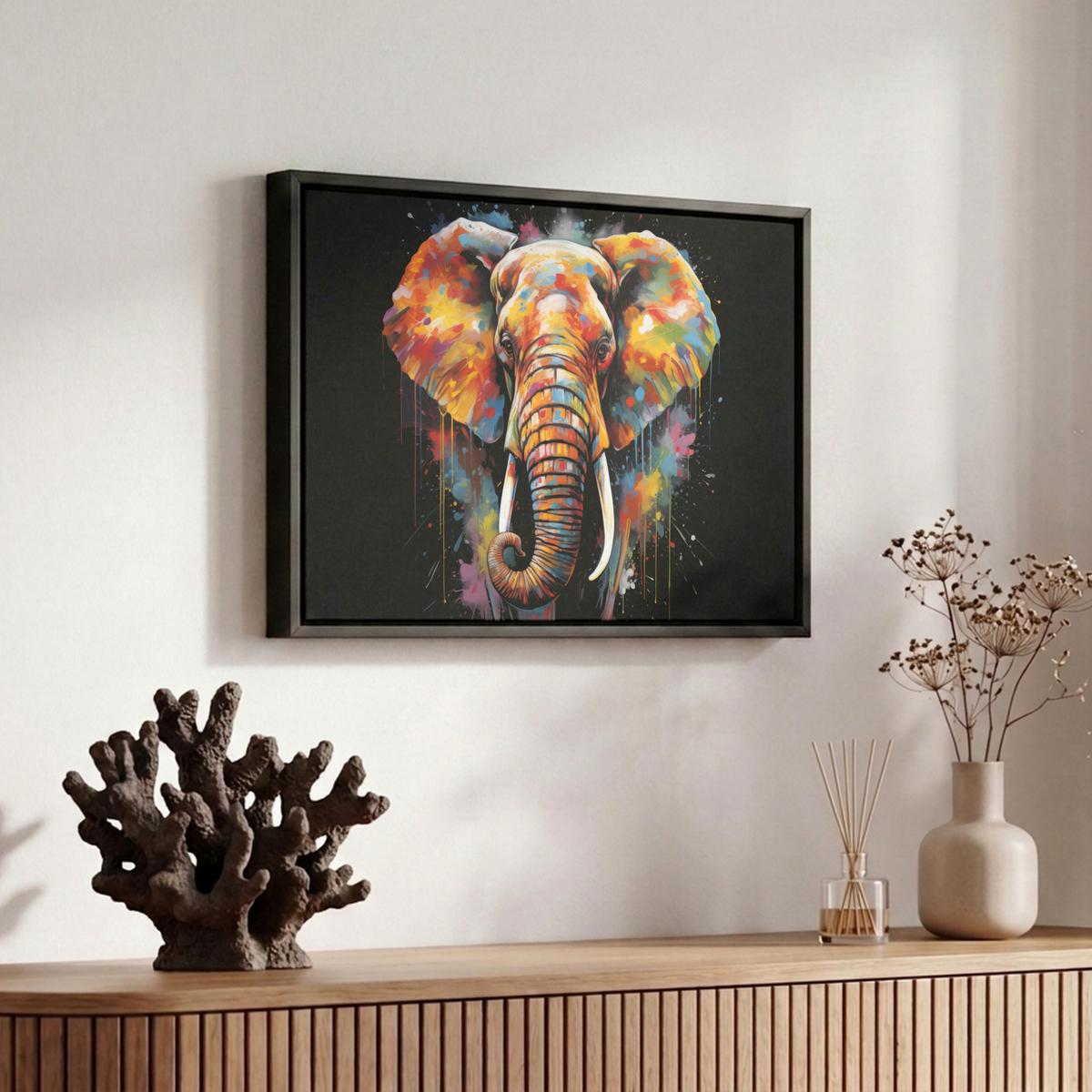 LEINWAND Bilder mit Rahmen - Elefant - Graffiti - Schwarz - Tiere - Farben - 30x20 - Schwarz, Textil (30/20cm) - MuchoWow