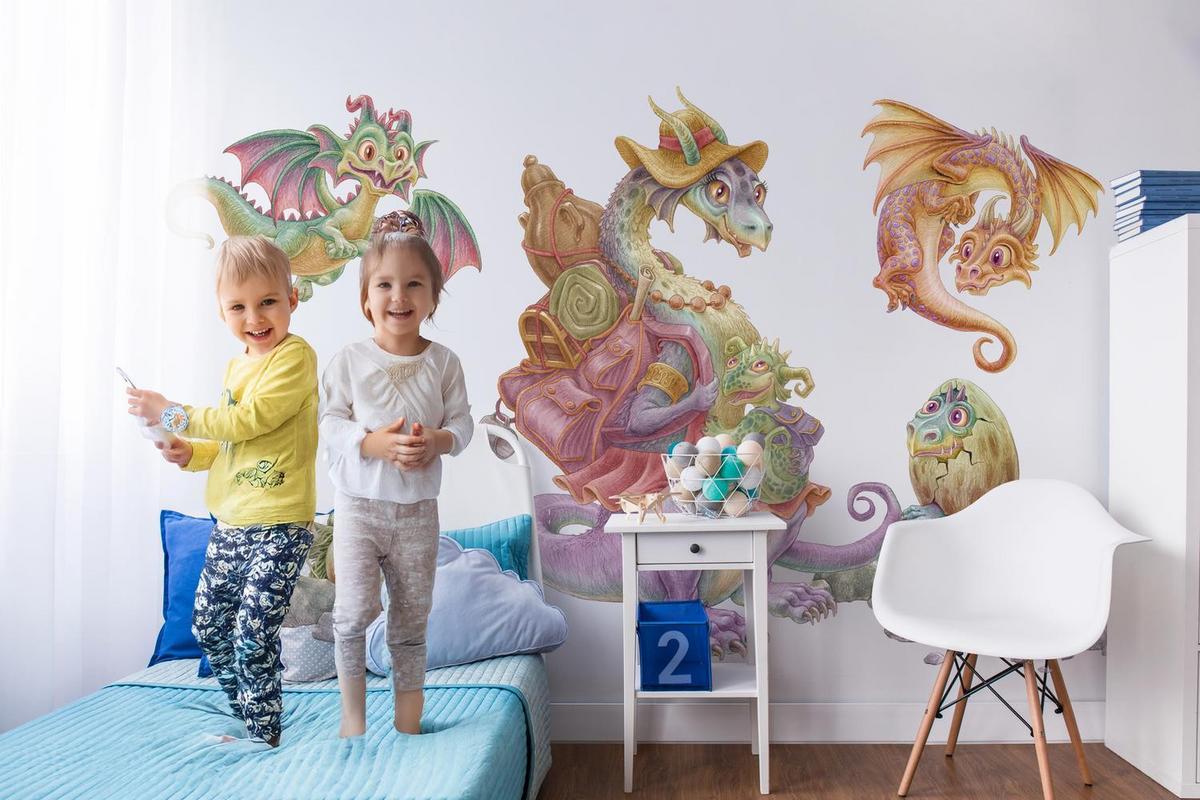 WANDAUFKLEBER 100x122cm - Drachenfamilie - Multicolor, Kunststoff (100/122/0.1cm) - Wallfluent