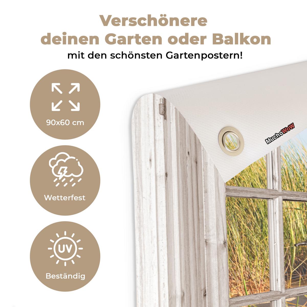 GARTENPOSTER Durchblick - Strand - Meer - Dünen - Sand - Wasser - Hochgras Gartendeko 90x60 cm - Sandfarben, Kunststoff (90/60/0.2cm) - OnlyWow