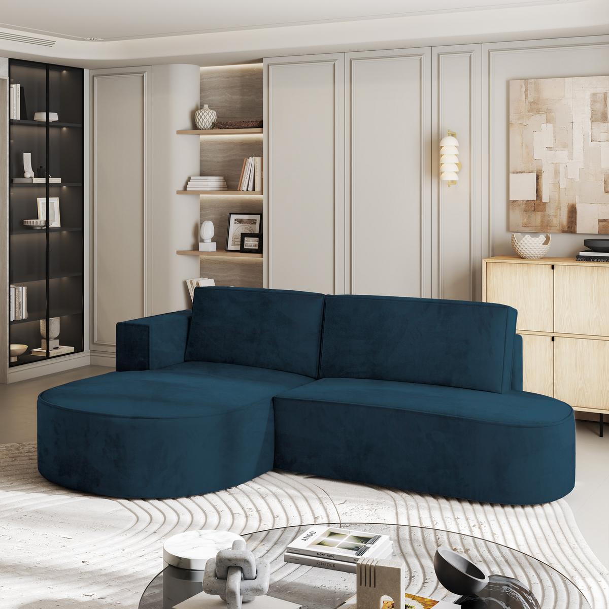 ECKSOFA CORTIO M L-S Blau Velours-Stoff mit Schlaffunktion - Blau/Grau, Holz/Kunststoff (265/174cm) - MASSENO